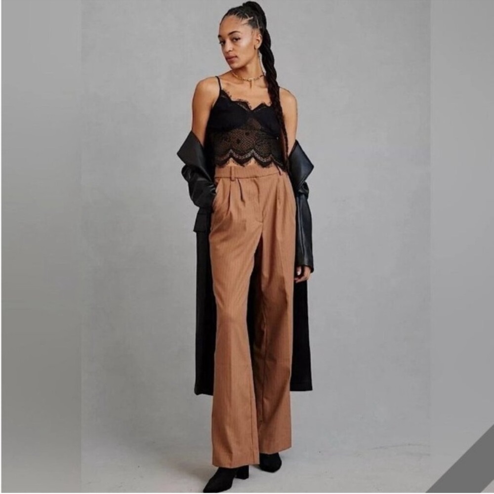Favorite Daughter High-Rise Wide-Leg Trousers in Camel Pinstripe
